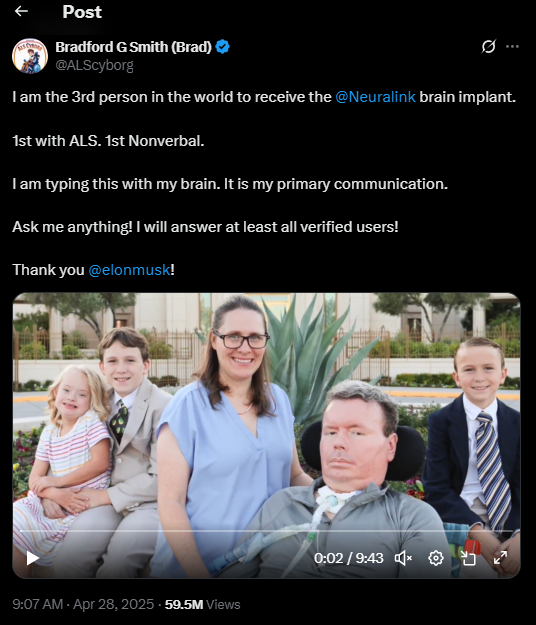 Neuralink patient post on X