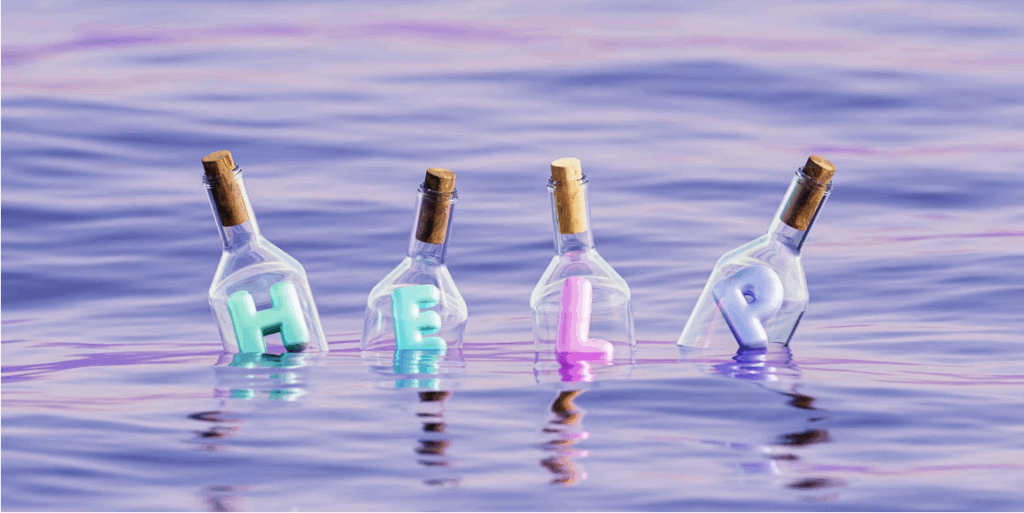 Messages in bottles spelling HELP floating aimlessly—symbolising frontline comms that never get read.